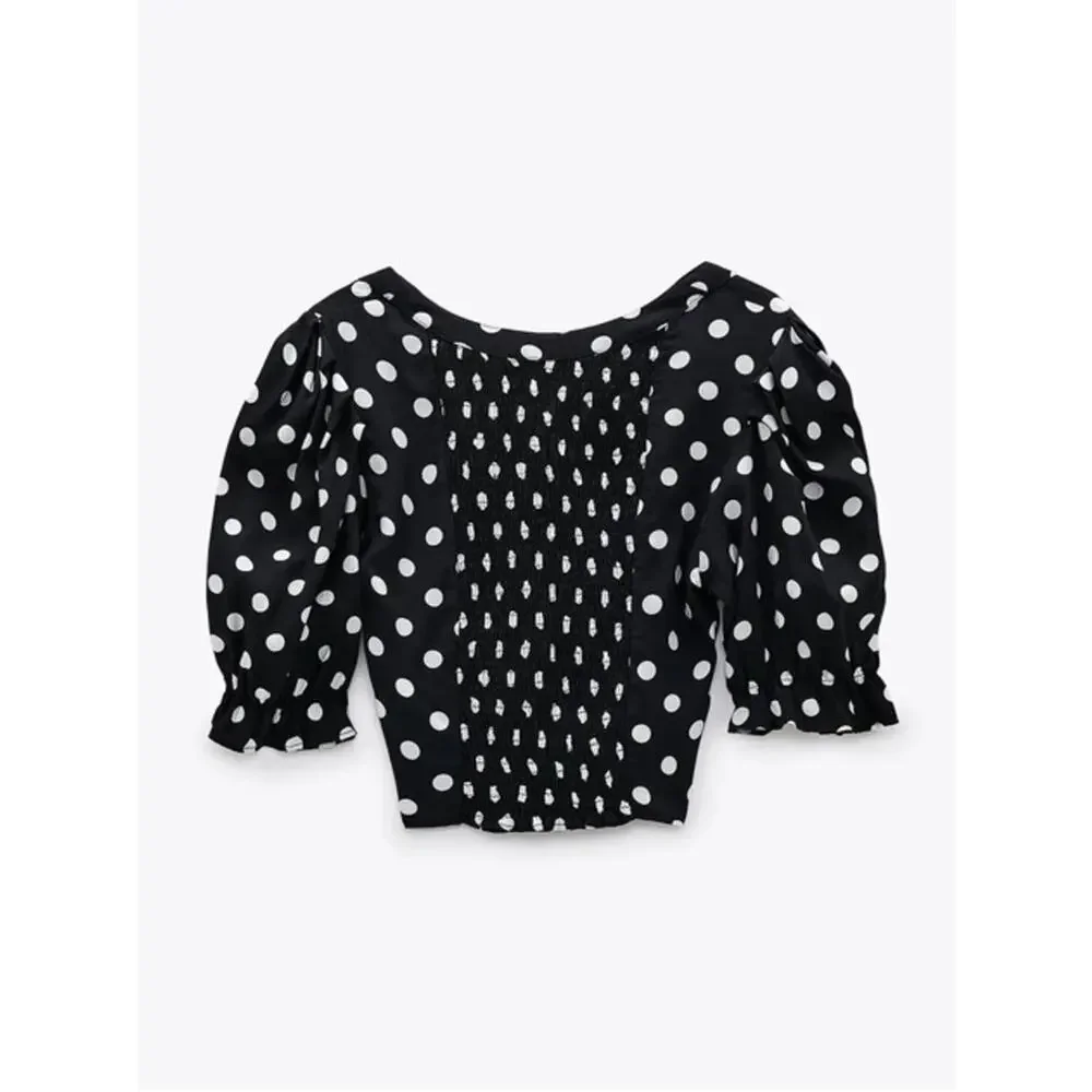 Zara Black White Polka Dot Faux Pearl Button Puff Sleeve Smocked Crop Top Small